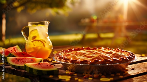 Freshly baked apple pie, golden crust, pitcher of lemonade, slices of watermelon, rustic picnic table, sunny afternoon, close-up shot, high-resolution detail, inviting scene, photo