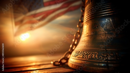 Close-up of bronze bell with American flag in the background, symbolizing freedom and patriotism, with warm light and wooden floor.