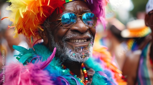A senior man with a colorful feathered hat and sunglasses smiles during a festive parade. © Atchariya63