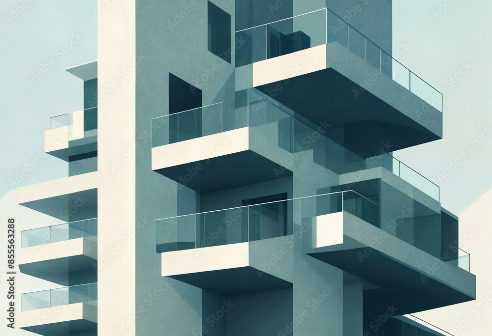 Flat illustration of Modern Architectural Building with Glass Balconies Flat illustration of Modern Architectural Building with Glass Balconies