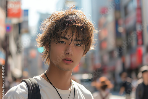 Photograph, clean Japanese idol face, male, fair skin tone, natural make-up, high-tone coloured hairstyle with fringes, white short-sleeved clothing, standing pose in Shibuya stree