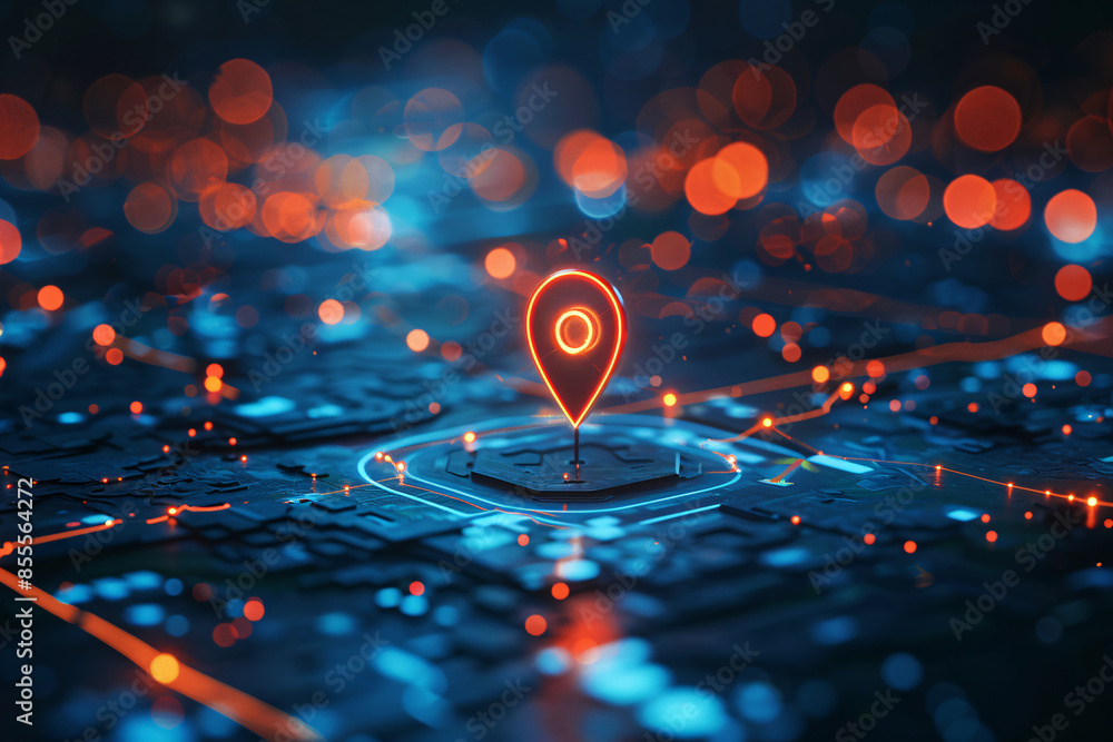 Background showcasing AI technology with a futuristic map pin location Background showcasing AI technology with a futuristic map pin location