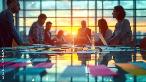 Silhouettes of a diverse team collaborating around a table in a modern office setting, bathed in golden sunset light. photo