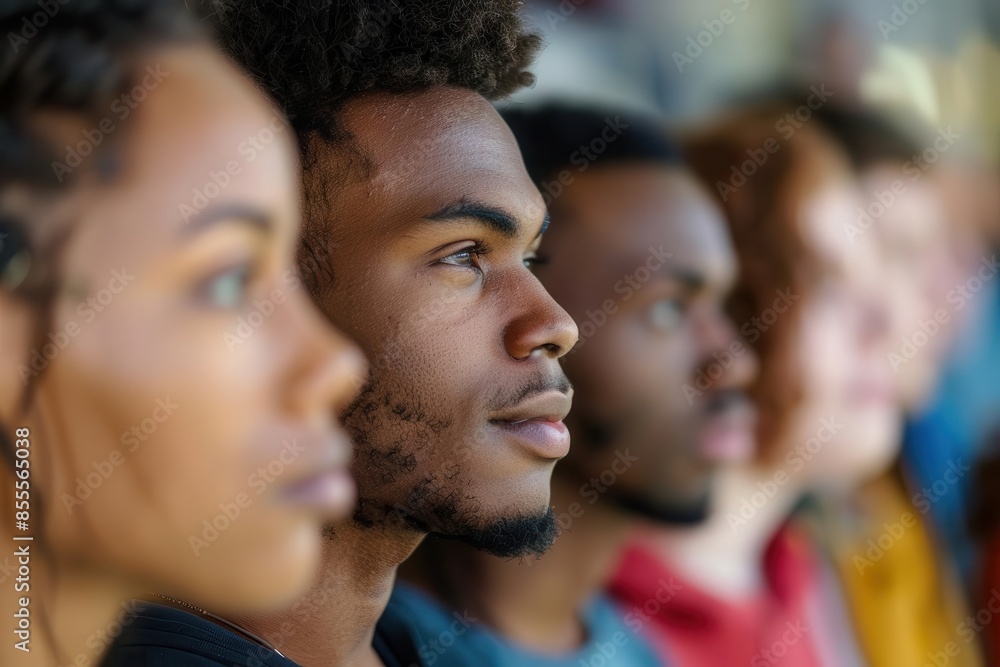 diverse group of young adults standing in line african american man in focus diverse group of young adults standing in line african american man in focus