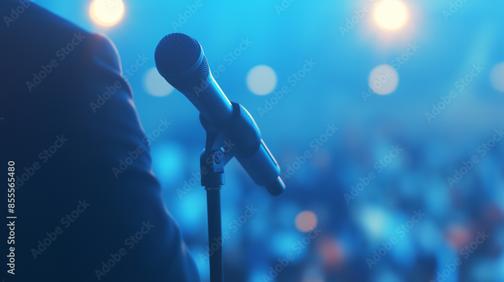 Obraz premium Investment Conference: A wide shot of a speaker at an investment conference, investment conference, photo, with copy space