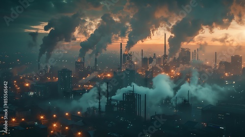 An industrial cityscape at night, the sky filled with smoke from factories and streetlights casting an eerie glow