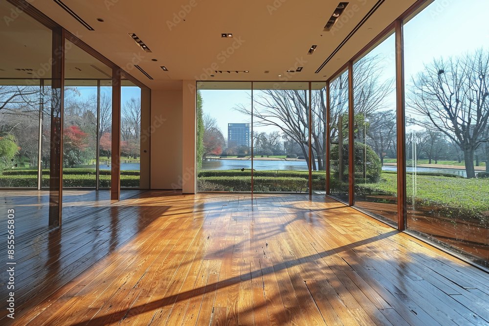 Large room with big windows and wooden flooring Large room with big windows and wooden flooring