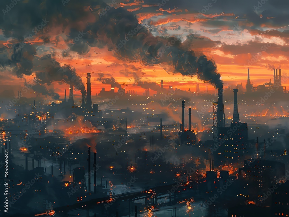 An industrial skyline at twilight, the sky filled with smoke from factories and streetlights casting an eerie glow An industrial skyline at twilight, the sky filled with smoke from factories and streetlights casting an eerie glow