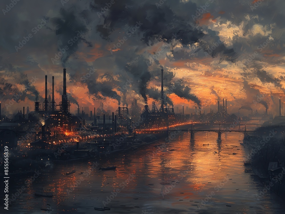 Naklejka premium An industrial skyline at twilight, the sky filled with smoke from factories and streetlights casting an eerie glow