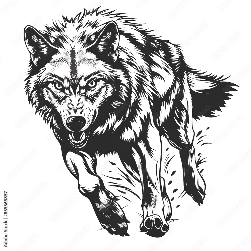 Obraz premium Running black line wolf on white background 