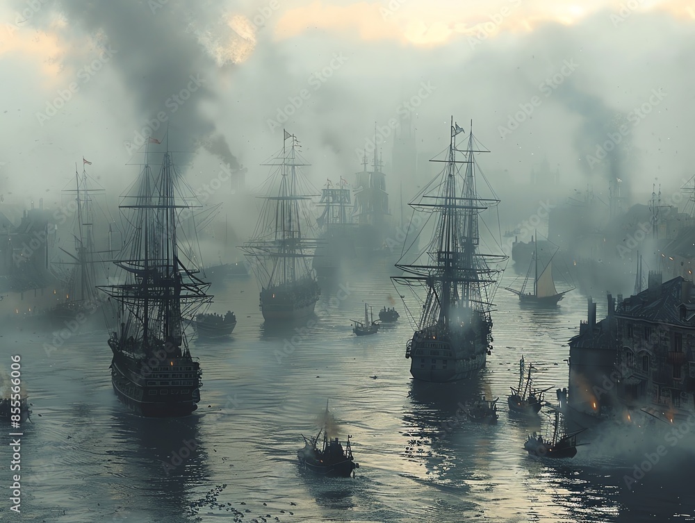 Obraz premium A bustling harbor with ships emitting smoke and pollutants, creating a heavy, oppressive atmosphere