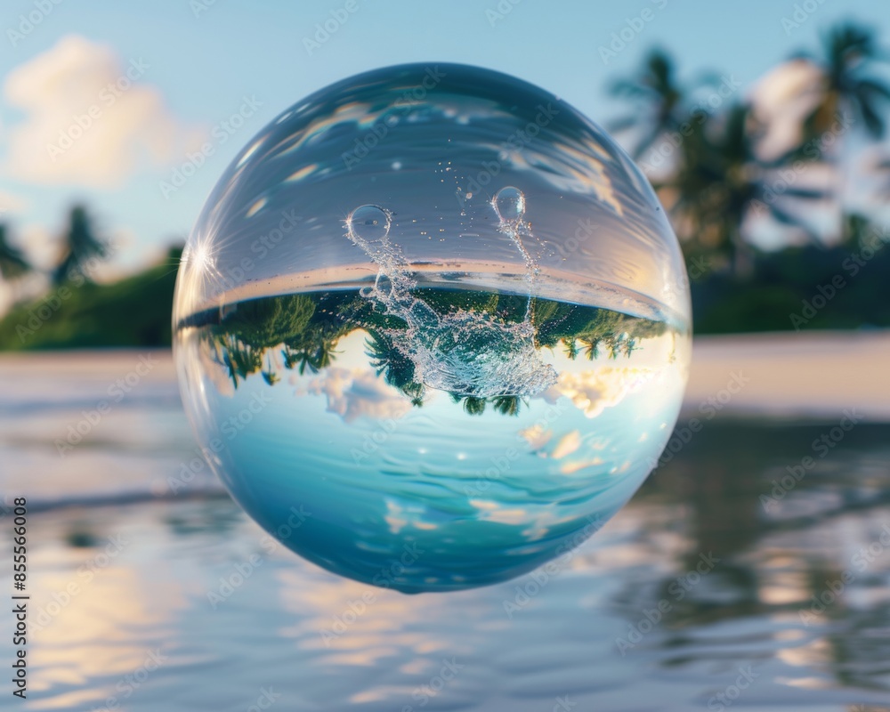 A crystal-clear bubble reflecting a serene tropical beach scene with palm trees, white sand, and turquoise water, creating a dreamy and tranquil atmosphere A crystal-clear bubble reflecting a serene tropical beach scene with palm trees, white sand, and turquoise water, creating a dreamy and tranquil atmosphere