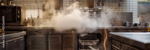 An industrial dishwasher in a restaurant kitchen emits steam, with copy space on the right side of the composition