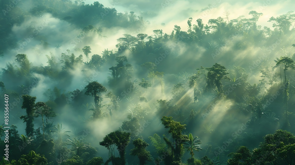 A dense forest with smoke from nearby industrial activity affecting the trees and plants A dense forest with smoke from nearby industrial activity affecting the trees and plants