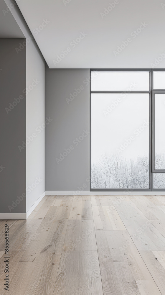 Fototapeta premium Empty room interiors in neutral tones with minimal or no furniture in a residential interior design composition. Apartment interior with ample copy space.