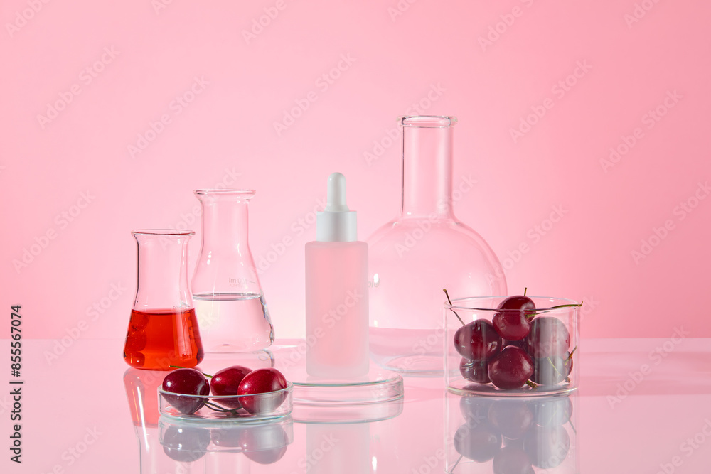 Mock up for advertising with blank label cosmetic bottle displayed on the podium in center, surrounded by variety lab glassware and fresh cherry, against light pink background Mock up for advertising with blank label cosmetic bottle displayed on the podium in center, surrounded by variety lab glassware and fresh cherry, against light pink background