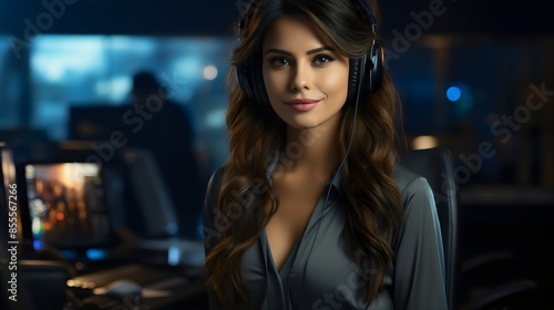 smile hotline operator woman office look at camara, works in a customer support ai generated