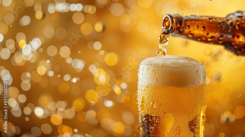 Dynamic image capturing the motion of beer pouring into a glass with vibrant backdrop