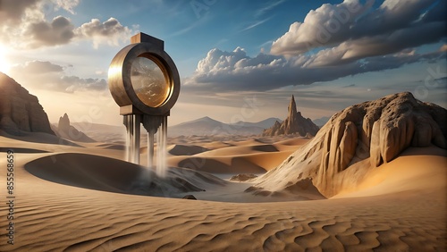 Time Dissolves: Dreamlike Desert with Melting Clock, Surreal Desert Landscape with Giant Clock photo