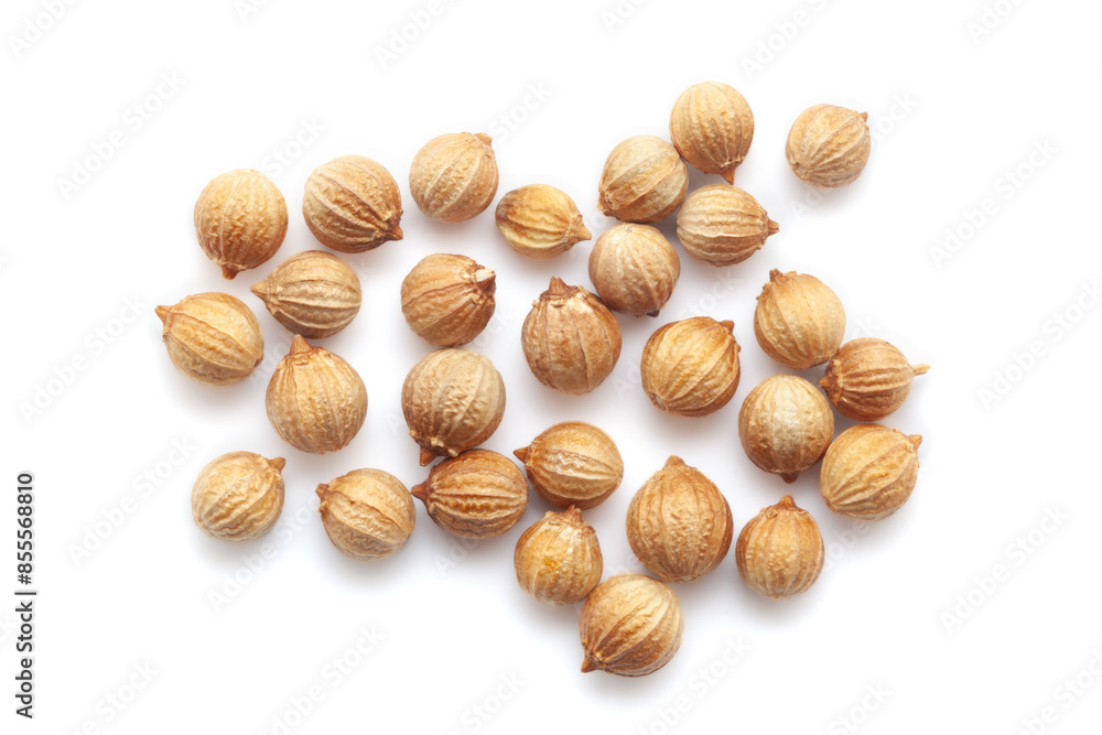 Close-up of Dried Coriander (Coriandrum sativum) seeds isolated on white background. Top view. Close-up of Dried Coriander (Coriandrum sativum) seeds isolated on white background. Top view.