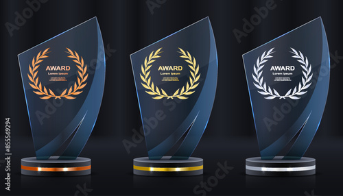 Set of glass award trophy with laurel wreath. Transparent prize template with golden laurel branches. Winner first place concept. Vector illustration.