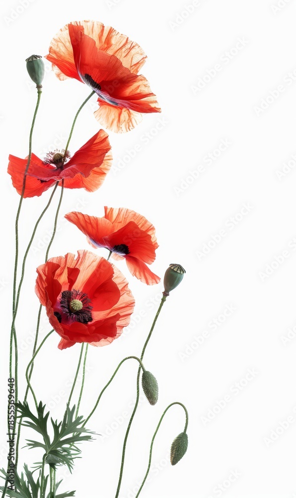 Fototapeta premium Abstract paint splash with red painted poppy on white background. Lest we forget. Remembrance day or Anzac day symbol. With copyspace for your text.