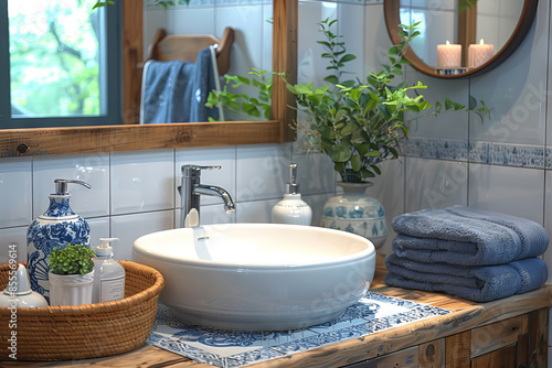 White Tile Bathroom with Round Mirror photo