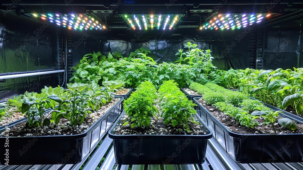 Indoor hydroponic garden with LED grow lights and various green plants. Indoor hydroponic garden with LED grow lights and various green plants.