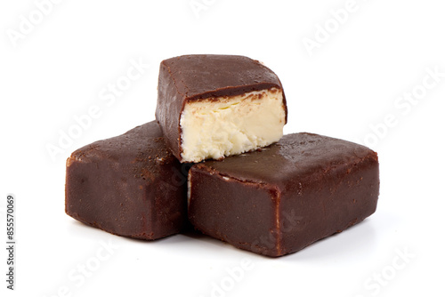 Cheesecake candy bar with chocolate glaze, chocolate curd cheese, isolated on white background.