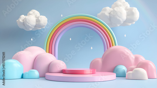 3d render, abstract minimal scene with podium, rainbow and clouds,3d render of white cloud, rainbow and balloons on pastel pink background,3D rendering podium kid style, colorful background  © samar