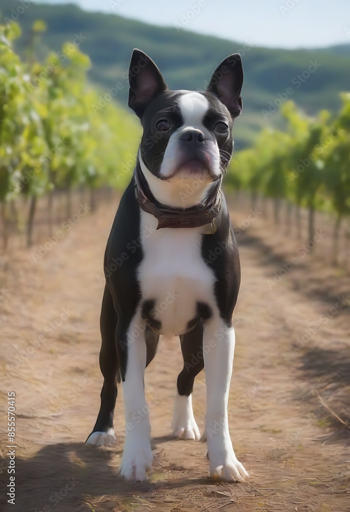 A cool Boston Terrier standing in a vineyard during harvest season with ripe grapes on the vines and rolling hills in the backg A cool Boston Terrier standing in a vineyard during harvest season with ripe grapes on the vines and rolling hills in the backg