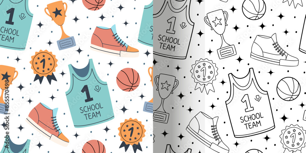 Naklejka premium Back to school. Set of seamless pattern in flat design. Doodle and colored pattern with school supplies in simple style. Vector illustration. 