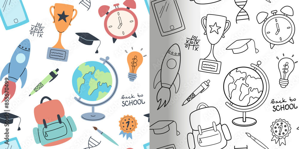 Back to school. Set of seamless pattern in flat design. Doodle and colored pattern with school supplies in simple style. Vector illustration.
Back to school. Set of seamless pattern in flat design. Doodle and colored pattern with school supplies in simple style. Vector illustration.