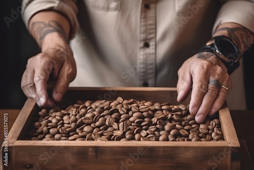 Hands using a coffee tamper and portafilter over a white cup surrounded by coffee beans, set against a red background