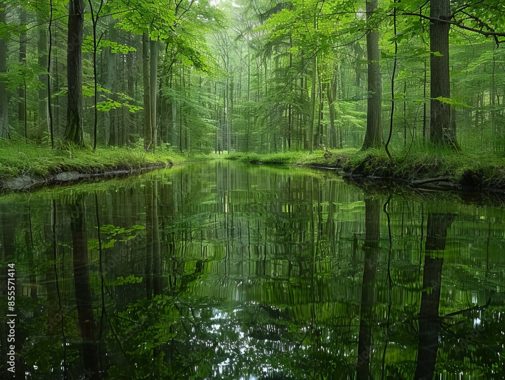 Obraz premium the view of the rainforest with pine trees and the reflection of the forest from the clear river water provides a calming, cool and relaxing effect. nature theme wallpaper concept