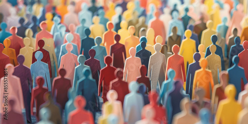 Banner background of a colorful crowd of people made of cut-out paper representing a dense mob gathered at a public event