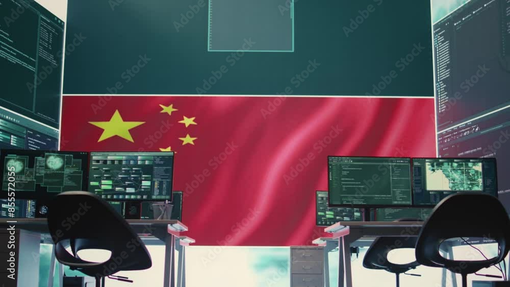Empty cyber security room presenting a Chinese flag on big screen ...