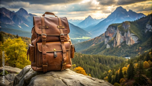 Berge und Wälder - Beeindruckende Aussicht und Landschaft - Rucksack auf einem Felsen - Wandern Outdoor Abenteuer in den Bergen