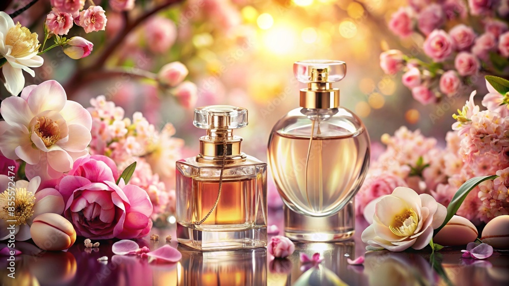 Exotic Perfume Bottles on Unusual Background, Evoking Oriental Tenderness and Love. Floral Elements Conveying a Sense of Innocence and Romance in a Unique Setting Exotic Perfume Bottles on Unusual Background, Evoking Oriental Tenderness and Love. Floral Elements Conveying a Sense of Innocence and Romance in a Unique Setting