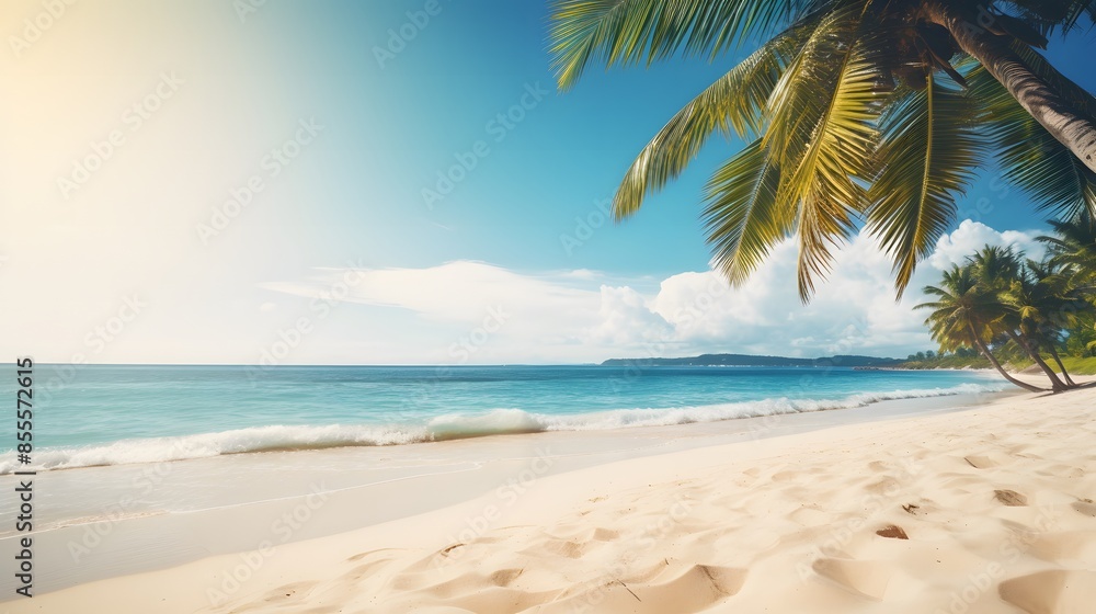 Blue sky with tropical water and young coconut palm tree on white sand beach. Summer Tropical Background. Blue sky with tropical water and young coconut palm tree on white sand beach. Summer Tropical Background.