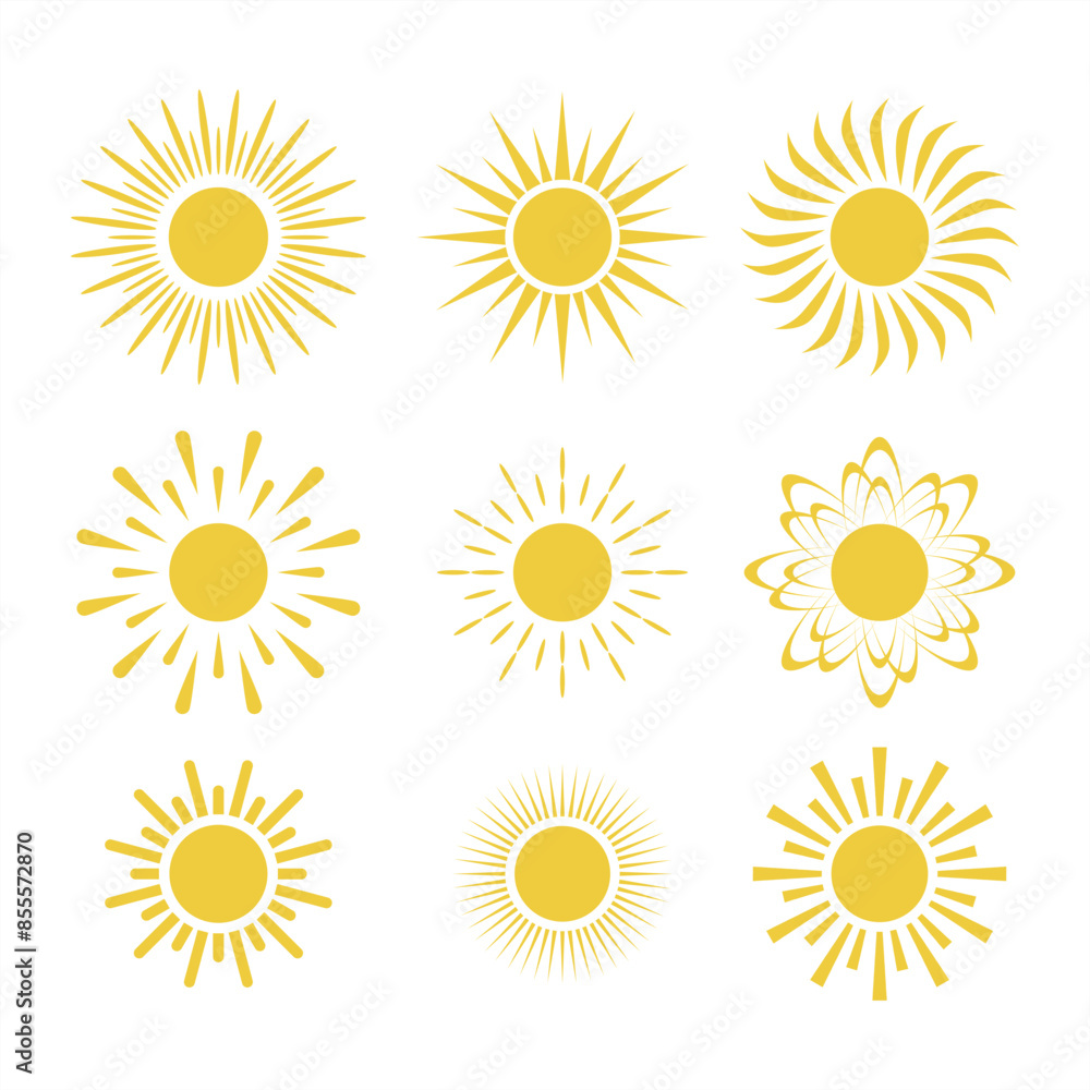 Sun icon set. Collection of yellow sun star icons. Summer, sunshine, sunlight, nature. Vector illustration of a mix of ray shapes isolated on a white background Sun icon set. Collection of yellow sun star icons. Summer, sunshine, sunlight, nature. Vector illustration of a mix of ray shapes isolated on a white background