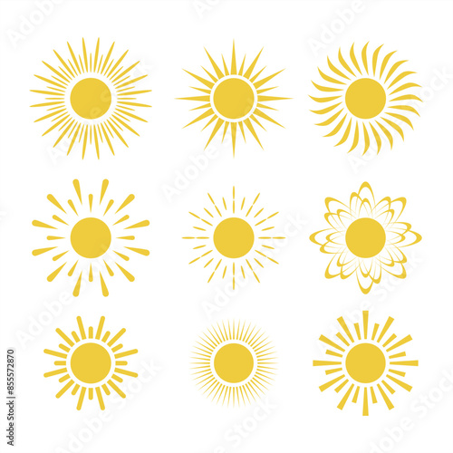 Sun icon set. Collection of yellow sun star icons. Summer, sunshine, sunlight, nature. Vector illustration of a mix of ray shapes isolated on a white background