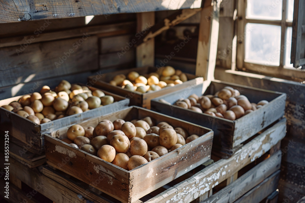 Wooden crates filled with potatoes stored in a rustic wooden shed Wooden crates filled with potatoes stored in a rustic wooden shed