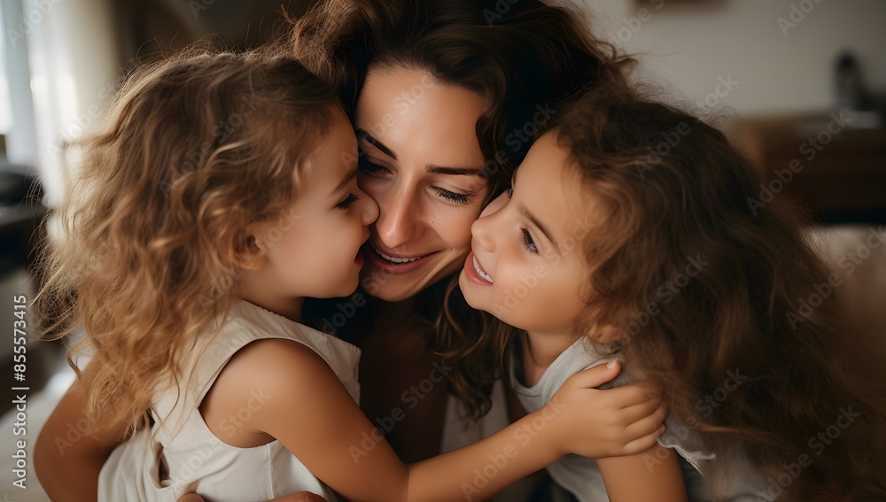 Cute girl daughter embracing mother from behind, expressing gratitude, kid telling mom she loves her. European family mommy and child cuddling, enjoying time together at home. Mother-daughter bond. Cute girl daughter embracing mother from behind, expressing gratitude, kid telling mom she loves her. European family mommy and child cuddling, enjoying time together at home. Mother-daughter bond.