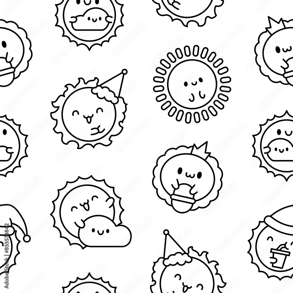 Fototapeta premium Cute kawaii sun with face. Seamless pattern. Coloring Page. Cartoon smiling characters. Hand drawn style. Vector drawing. Design ornaments.