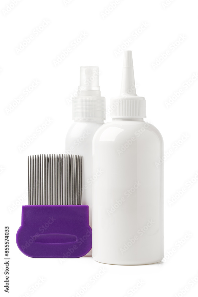 Cosmetic products and lice comb isolated on white background Cosmetic products and lice comb isolated on white background