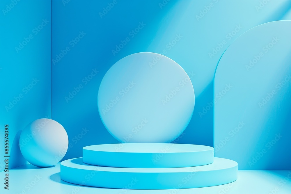 3D rendering of podium with Abstract Blue Geometric Shapes with a Platform. Suitable for displaying beauty products 3D rendering of podium with Abstract Blue Geometric Shapes with a Platform. Suitable for displaying beauty products