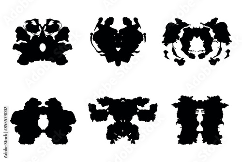 Rorschach inkblot test black silhouettes set. Symmetrical ink stain, psychology tests silhouettes
