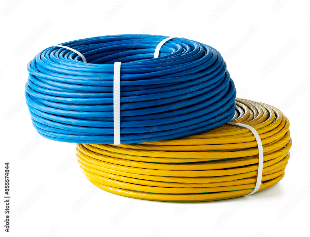 Blue And Yellow Electrical Wire Spools Isolated On White Background Blue And Yellow Electrical Wire Spools Isolated On White Background