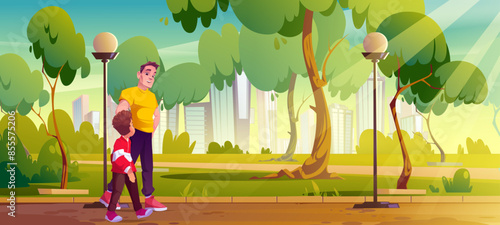 Father and son in city park garden cartoon landscape. Kid walk with parent in cityscape and nature scene. Boy and dad talk in outdoor summer forest trip illustration. Day street horizon in town
